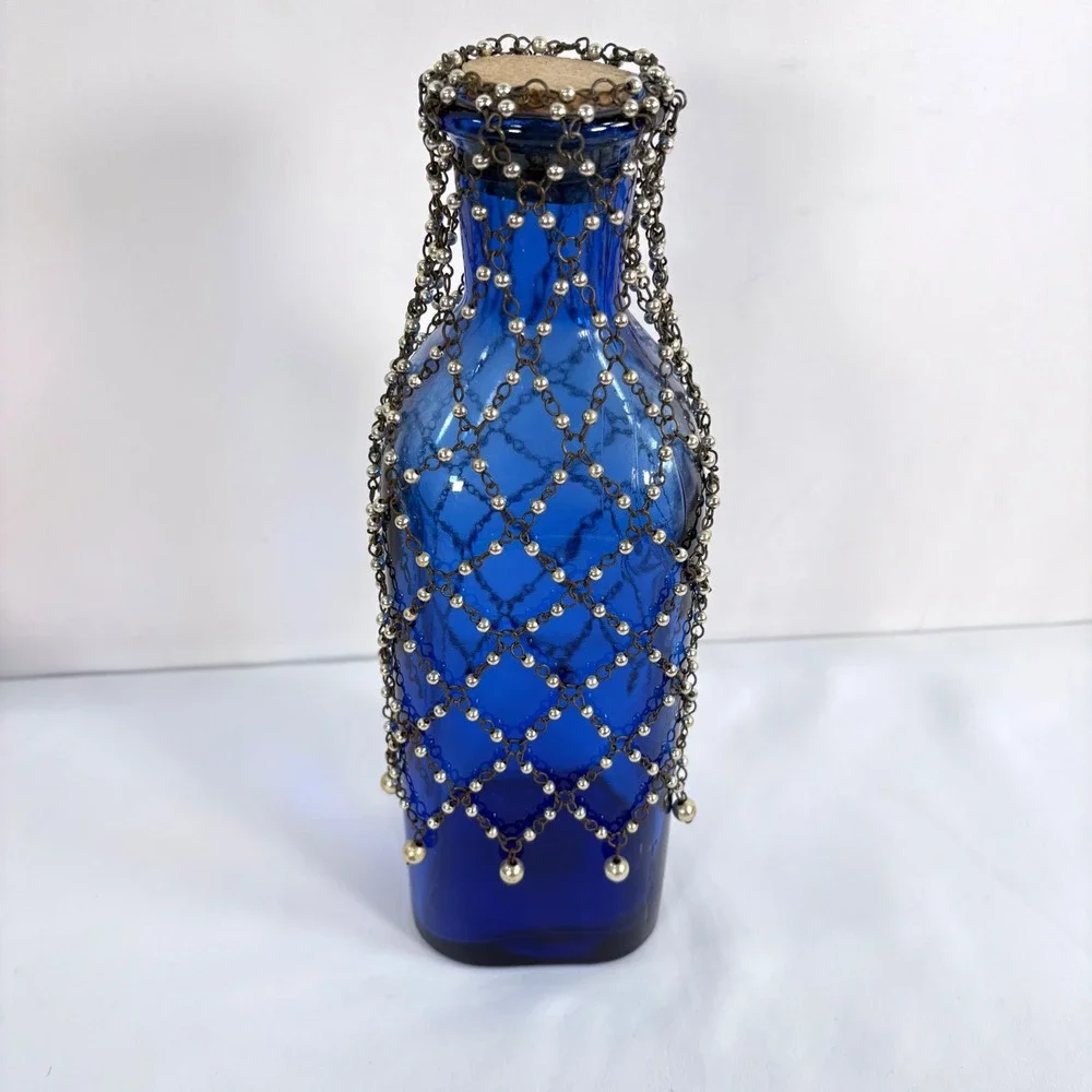 Vintage Bottle Cobalt Blue Recycled Glass Cork Decorative Chain Net Made Spain